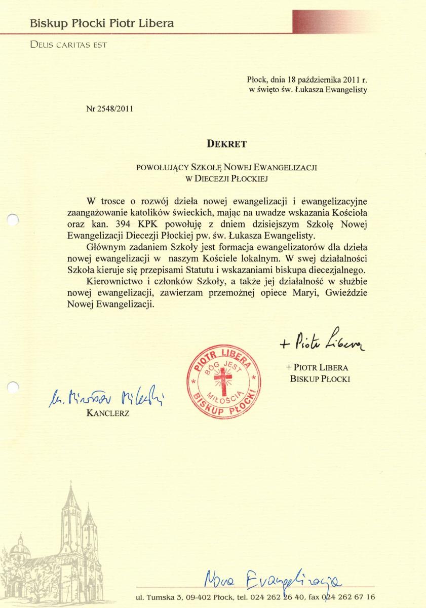 Dekret powołujący Szkołę Nowej Ewangelizacji w Diecezji Płockiej